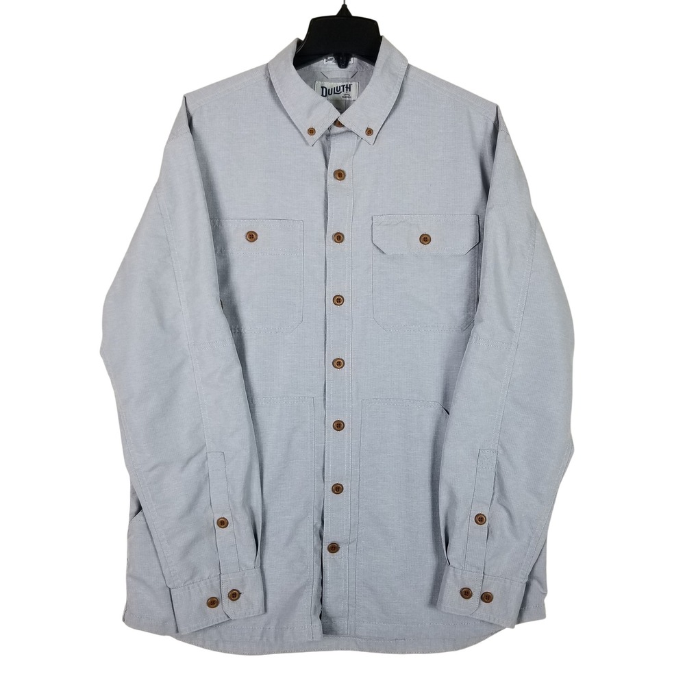 Duluth Trading Co Button Down Men L Tall Gray Relaxed Fit Untucked Utility Shirt